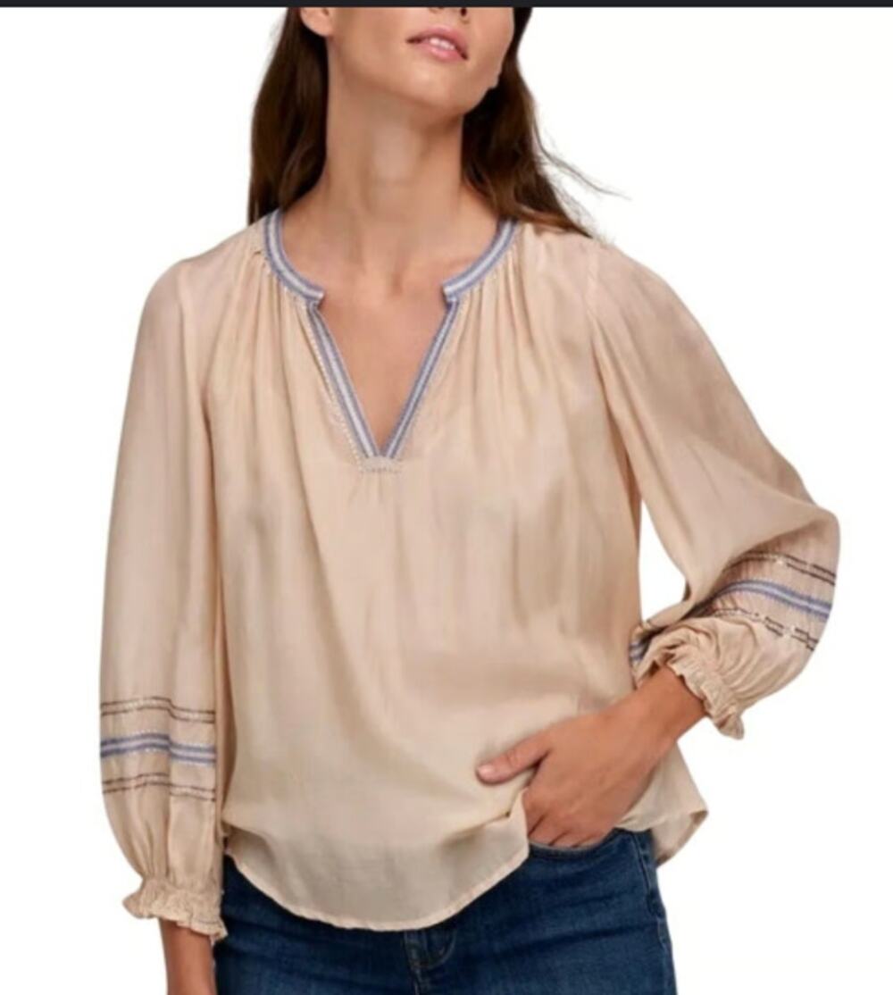 Velvet by Graham & Spencer Boho Blouse in Ecru & Silver Trim Size Large